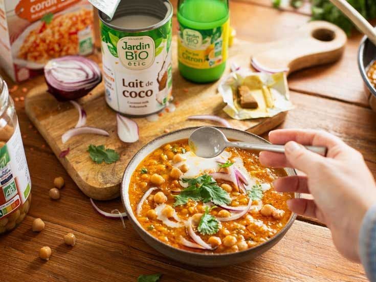 Recette bio de dahl de lentilles corail et pois chiches 