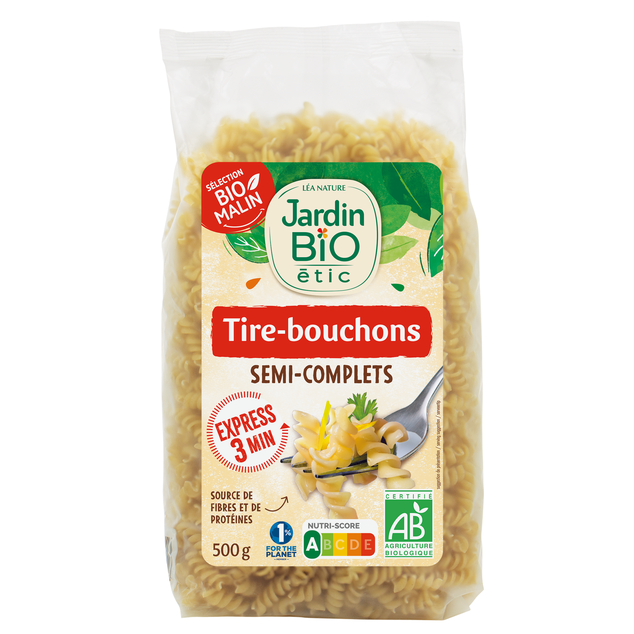 Pâtes tire-bouchons bio semi-complets - JARDIN BIO