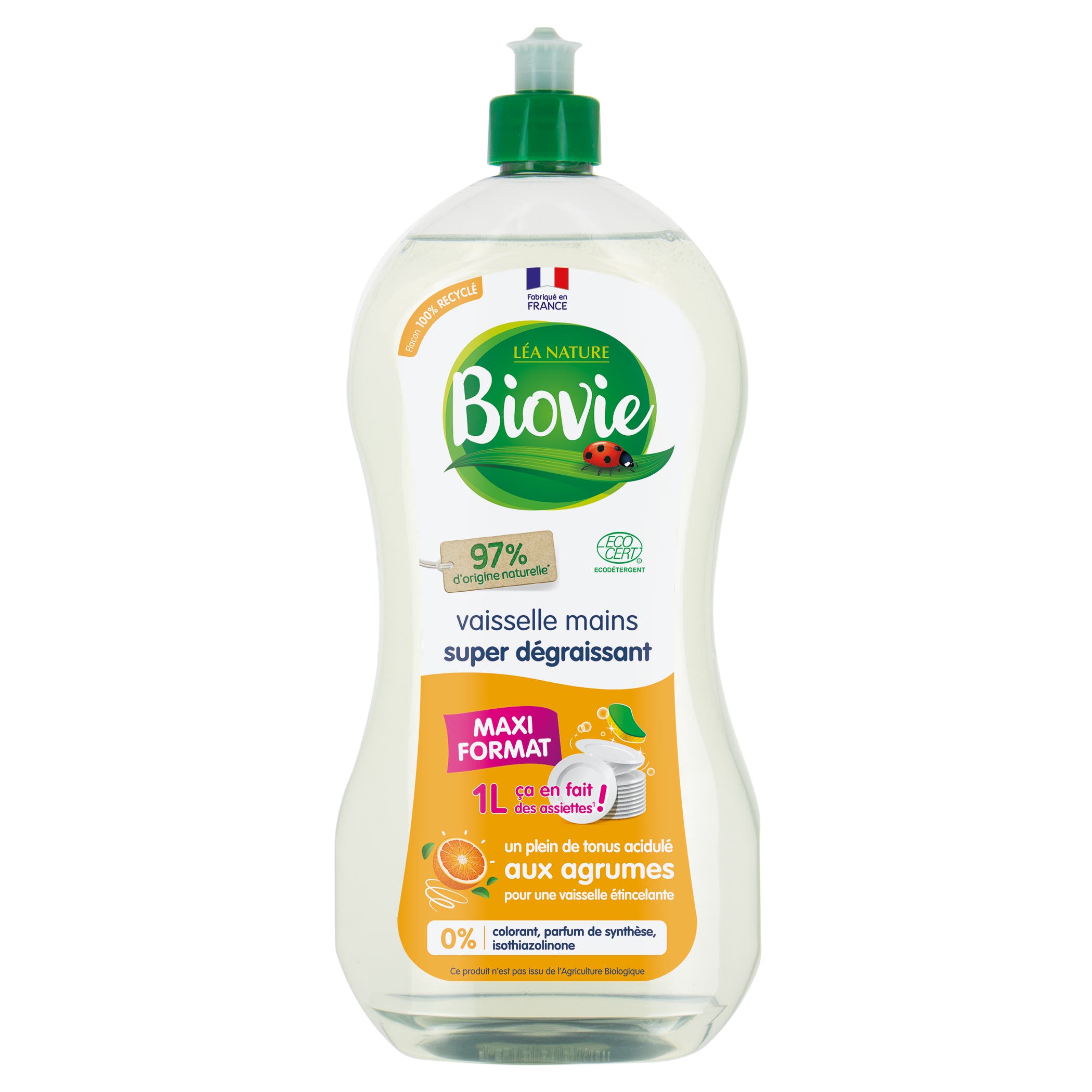 Liquide vaisselle aux huiles essentielles d'agrumes, Grand format- Biovie  Bouteille de 1L