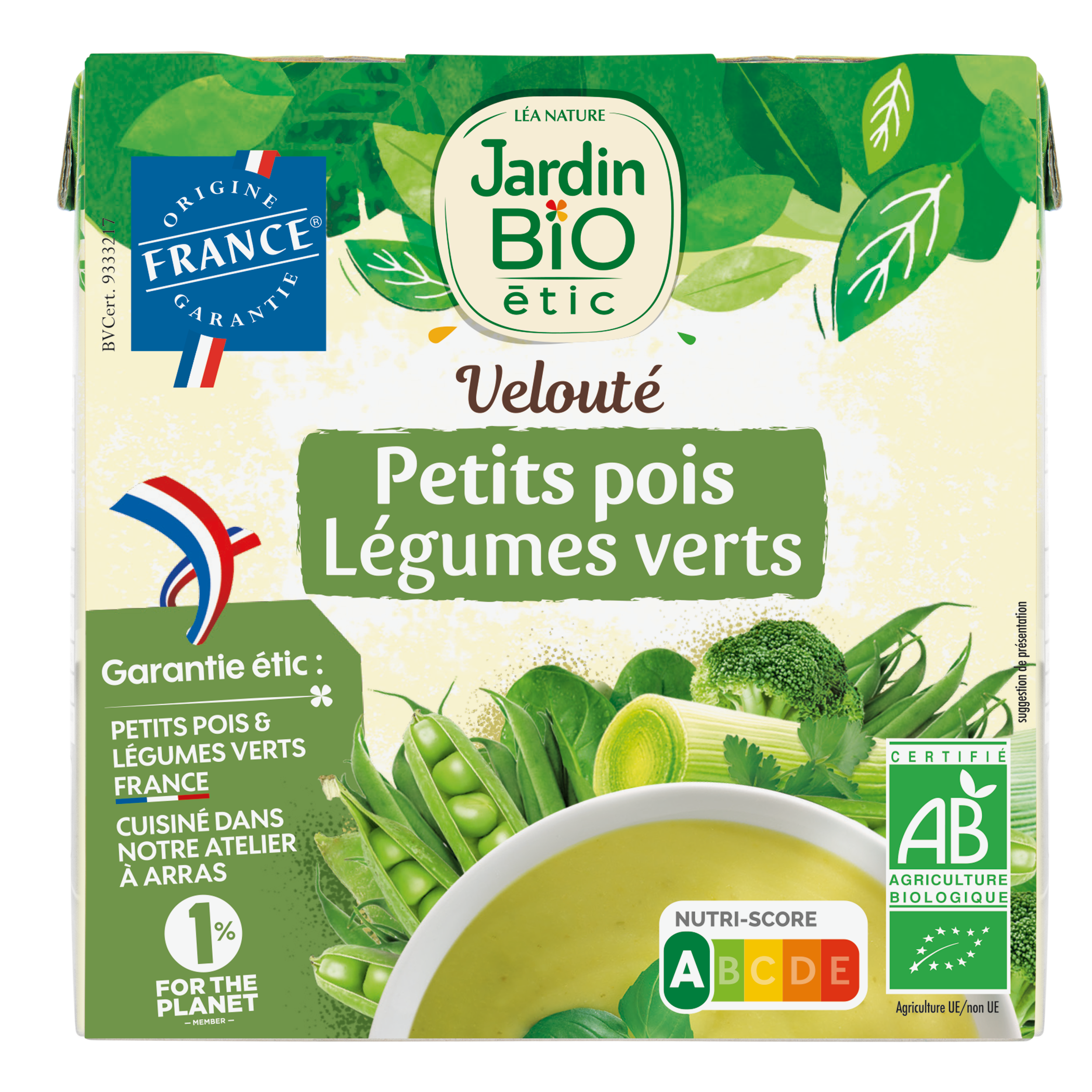 Velouté petits pois légumes verts bio  Format individuel - JARDIN BIO