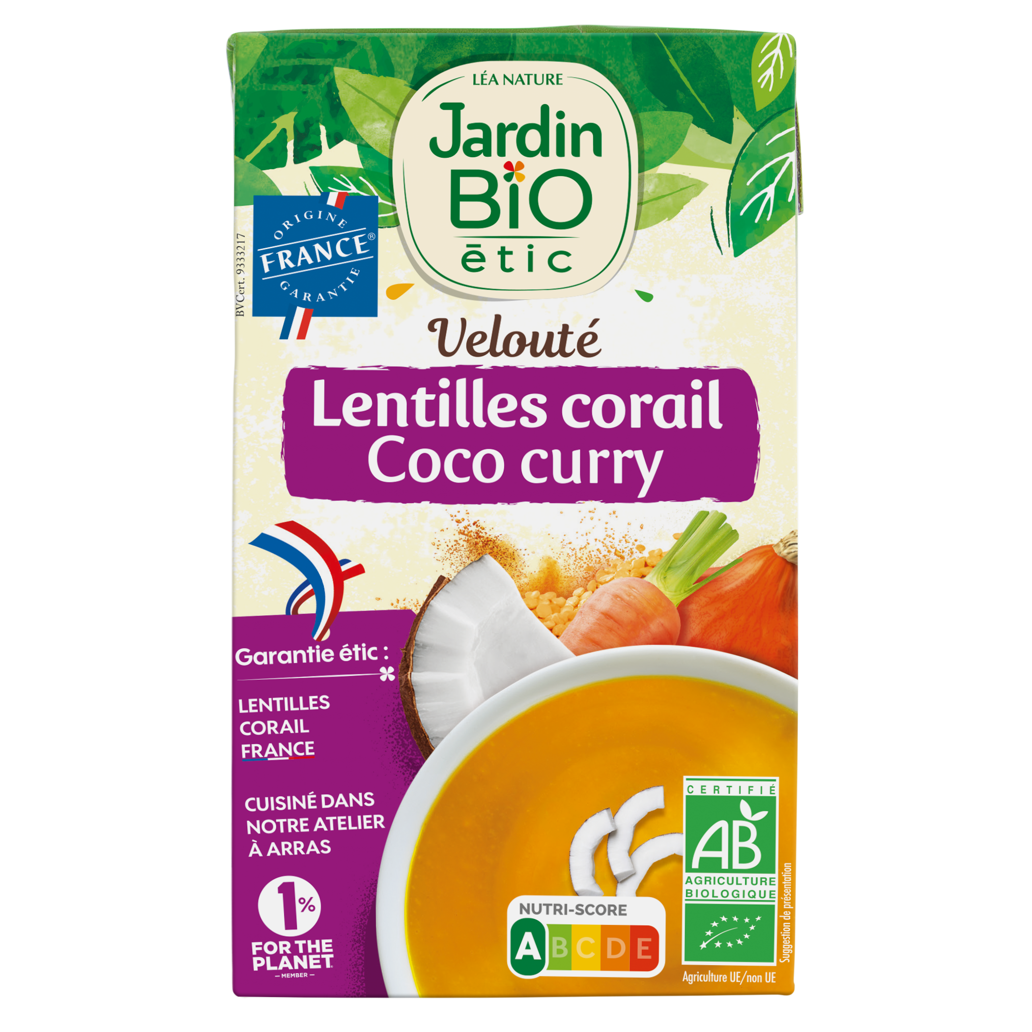 Velouté de légumes, lentilles corail, lait de coco et curry - bio - JARDIN BIO