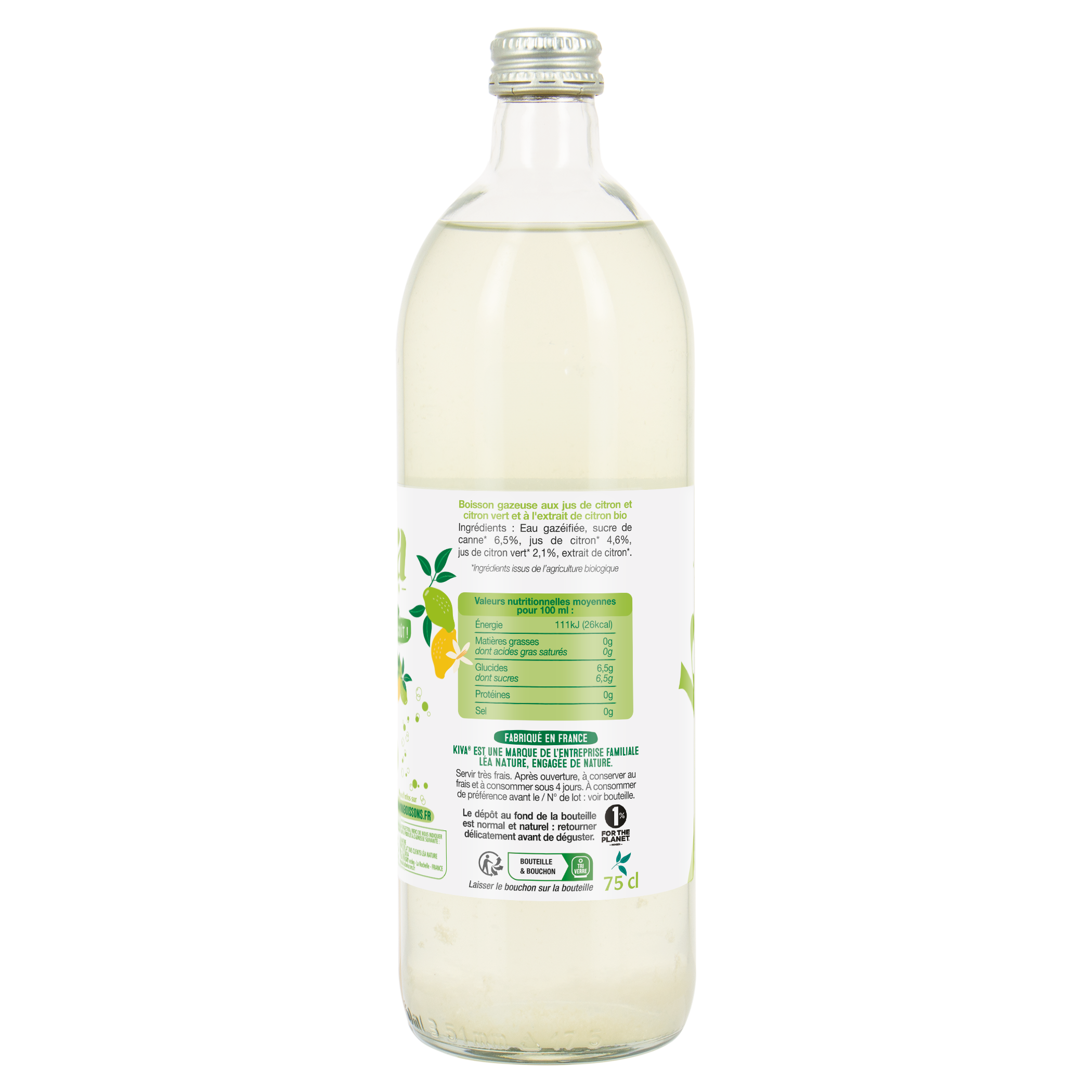 Pétillant Citron Citron vert - Kiva Bouteille de 75cl
