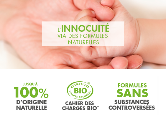 L'innocuité via des formules naturelles : Jusqu'à 100% d'origine naturelle, Cahier des charges bio COSMEBIO, formules sans substances controversées, formulation vertueuse