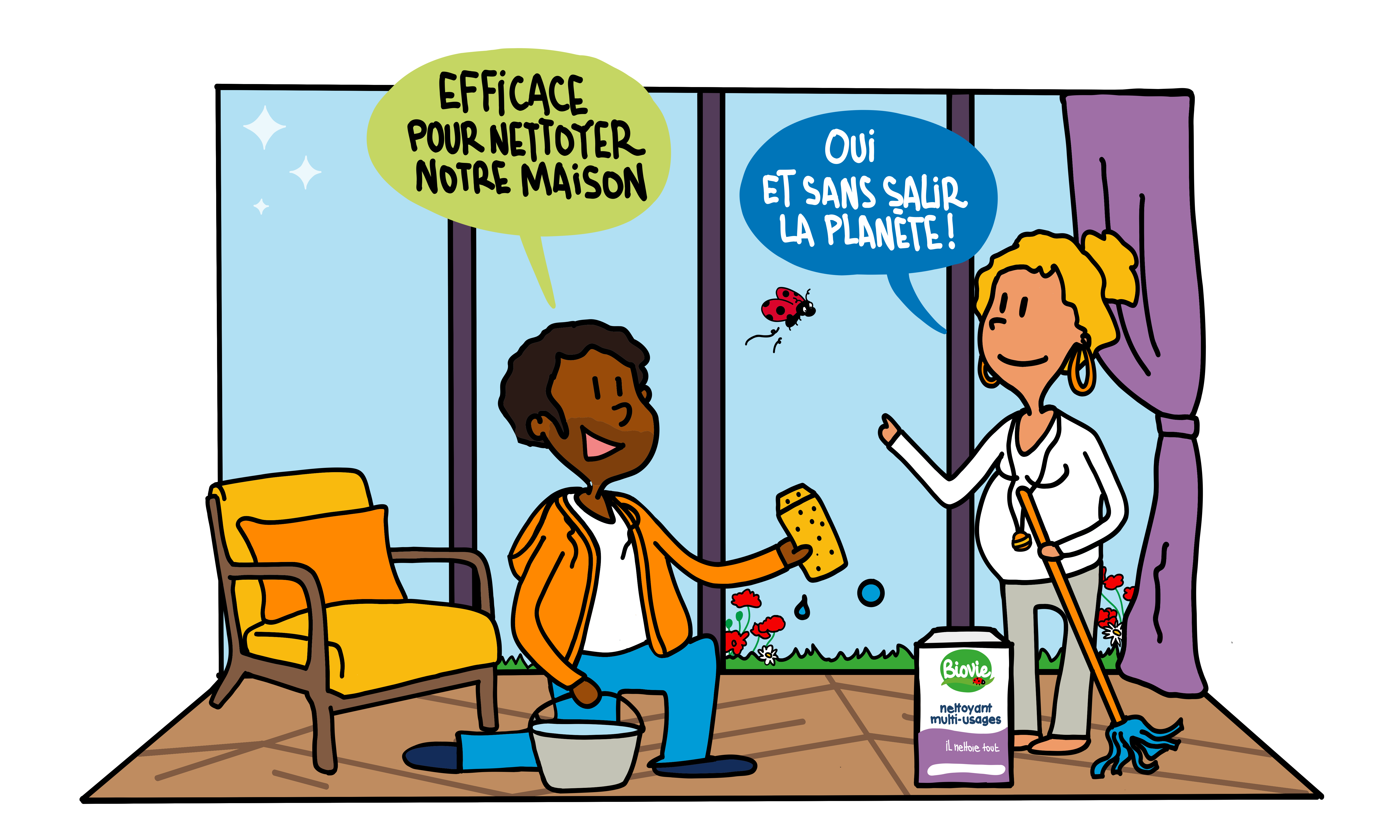 Infographie L&eacute;a Nature : Homme : "Efficace pour nettoyer notre maison." Femme : "Oui et sans salir la plan&egrave;te !"