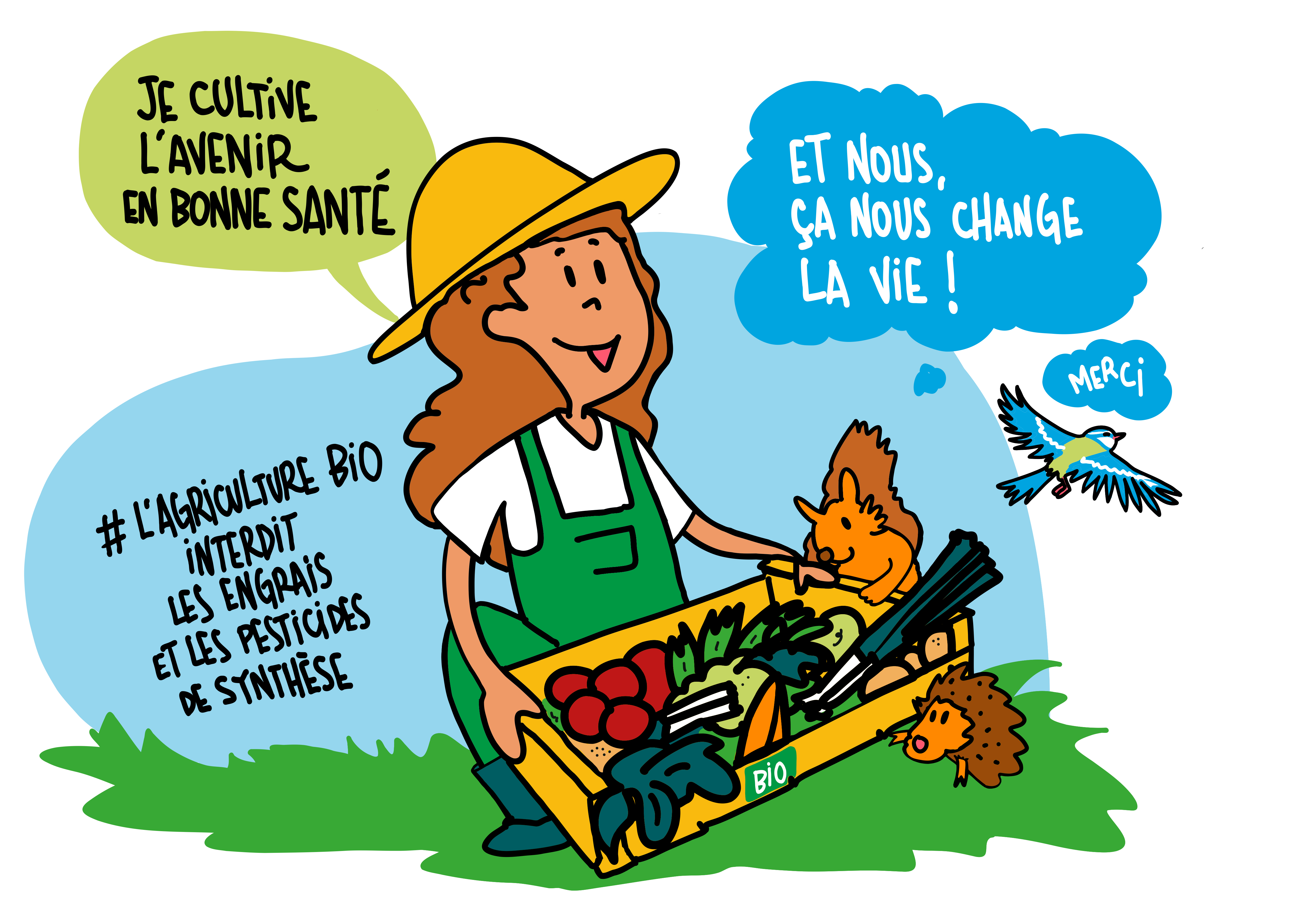 Infographie L&eacute;a Nature : Agricultrice : Je cultive l'avenir en bonne sant&eacute; ! Oiseau : Et nous, &ccedil;a nous change la vie ! #L'agriculture bio interdit les engrais et les pesticides de synth&egrave;se