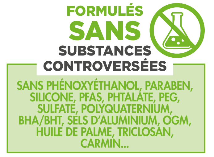 Formules sans substances controversées - SO BiO étic, marque de Léa Nature Formules sans substances controversées - SO BiO étic, marque de Léa Nature : SANS phénoxyéthanol, paraben, silicone, pfas, phtalate, peg, sulfate, polyquaternium, bha/bht, sels d'aluminium, ogm, huile de palme, triclosan, carmin etc...